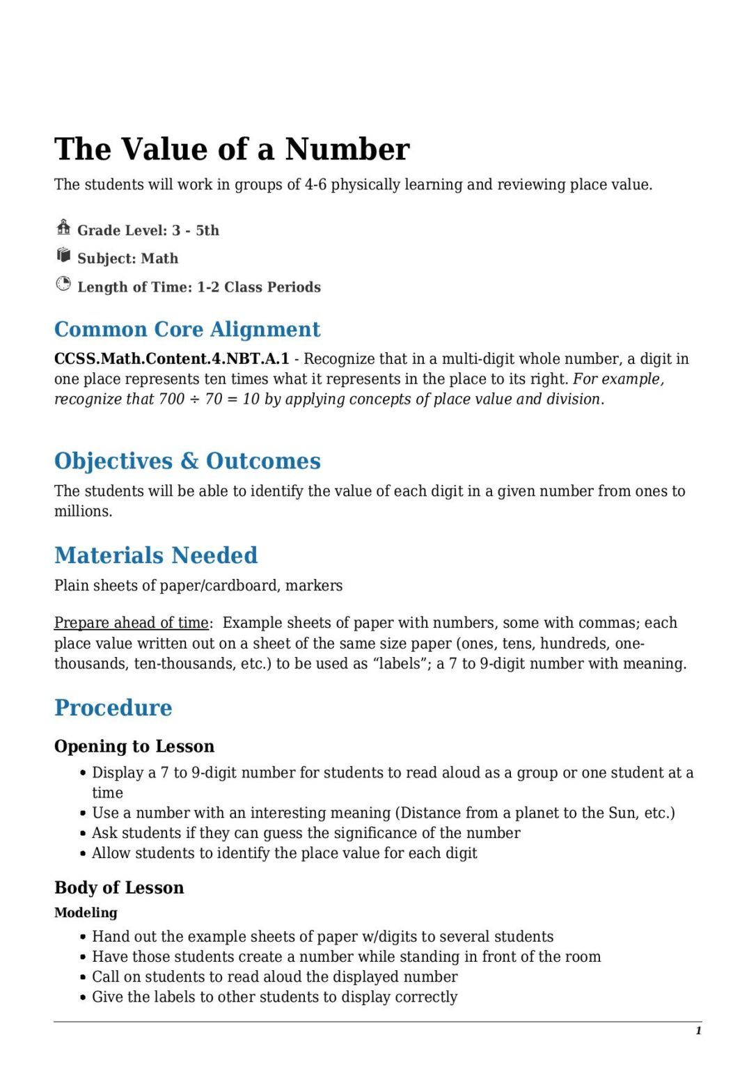 The Value of a Number Grade 3 - 5th - Lesson Tutor