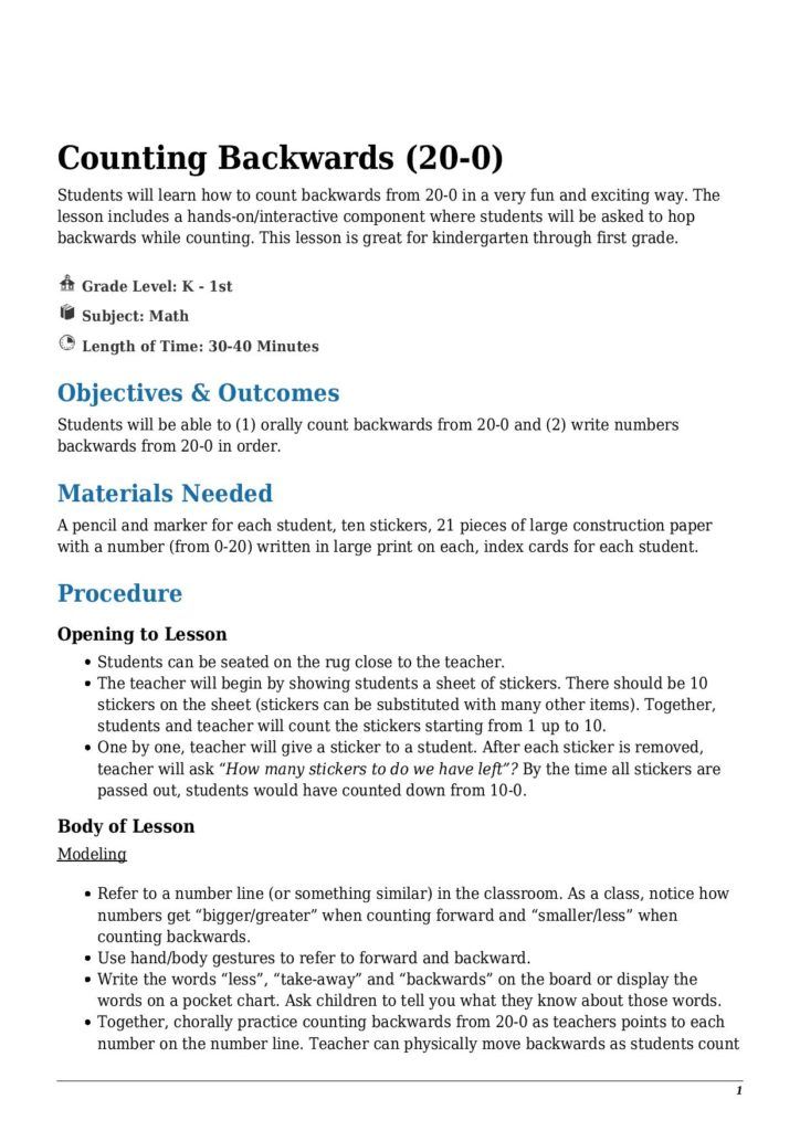 Counting Backwards (20-0) Kindergarten - 1St Grade - Lesson Tutor