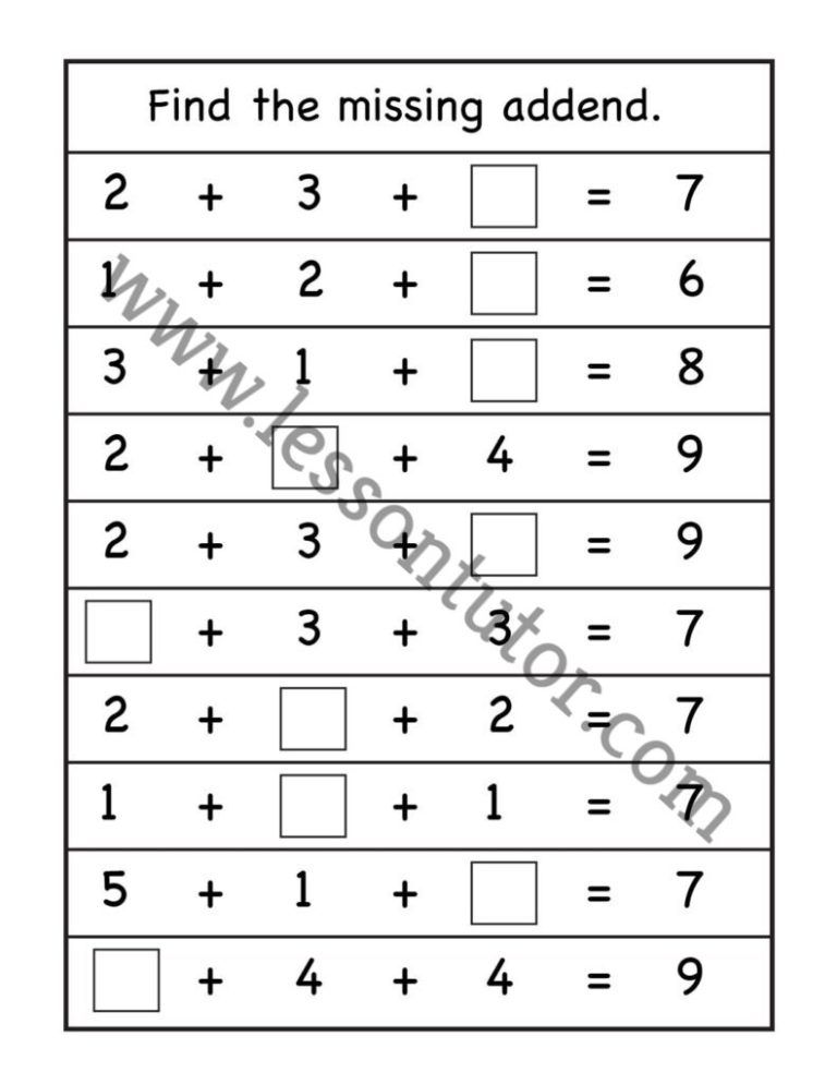 Missing Addend Worksheet First Grade 2 - Lesson Tutor