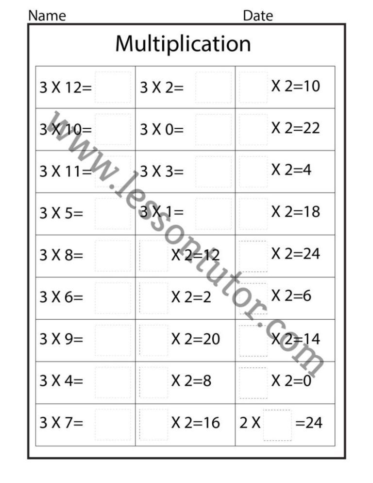 Multiplication Facts -2,3,4,5,6,7,8,9 & 12 Worksheet Third Grade ...