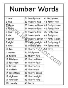 numbers in words 1 50 worksheet kindergarten lesson tutor