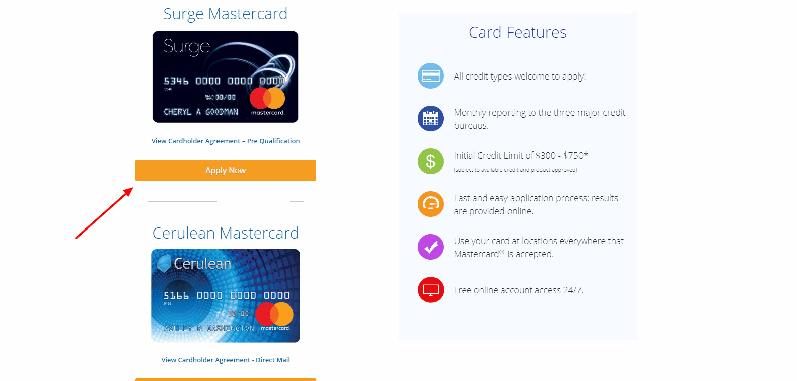 Credit application of surge status card Surge Mastercard