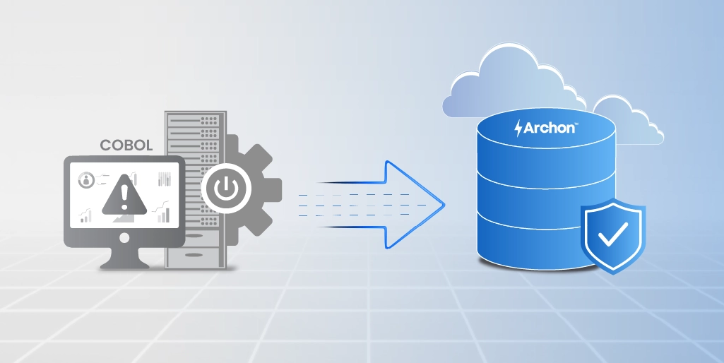 Illustration of a COBOL-based system on the left transferring data to a blue Archon cloud database with a security shield on the right.