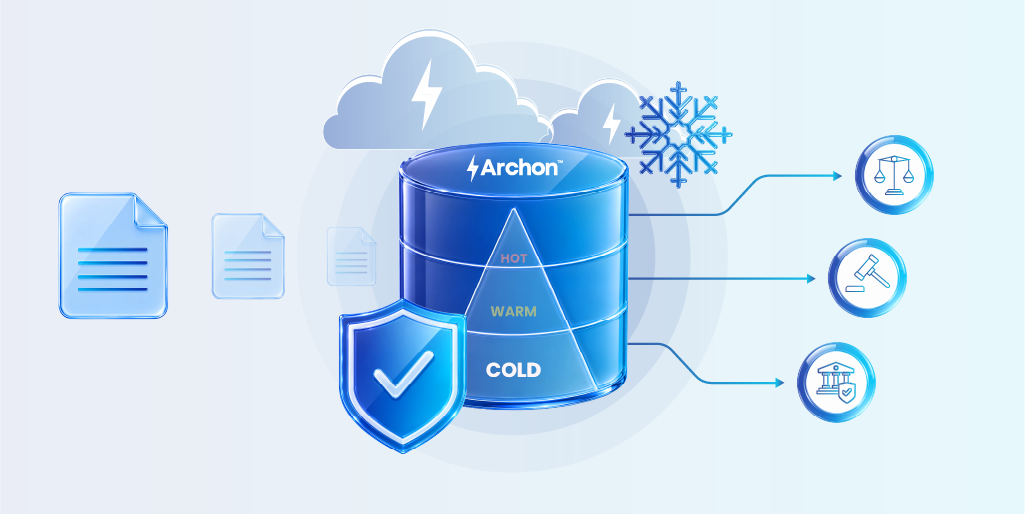Archon data storage infographic with cold, warm, hot layers, cloud, and documents on the left, shield in foreground, and three legal icons on the right (scales, gavel, courthouse).